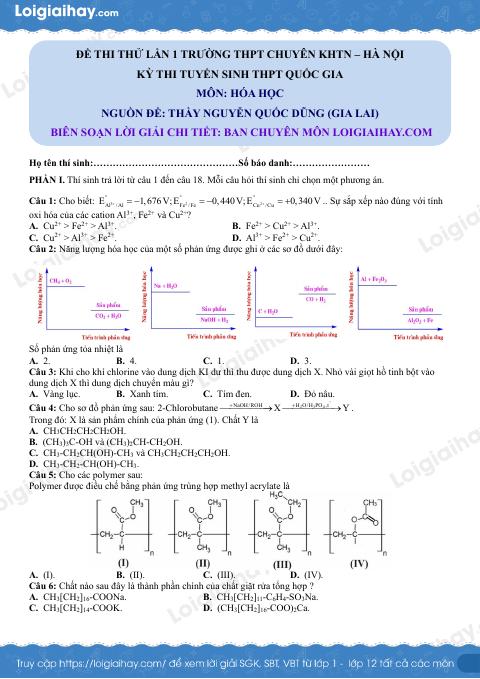 Đề thi thử THPT môn Hóa lần 1 năm 2025 Trường THPT Chuyên KHTN Hà Nội